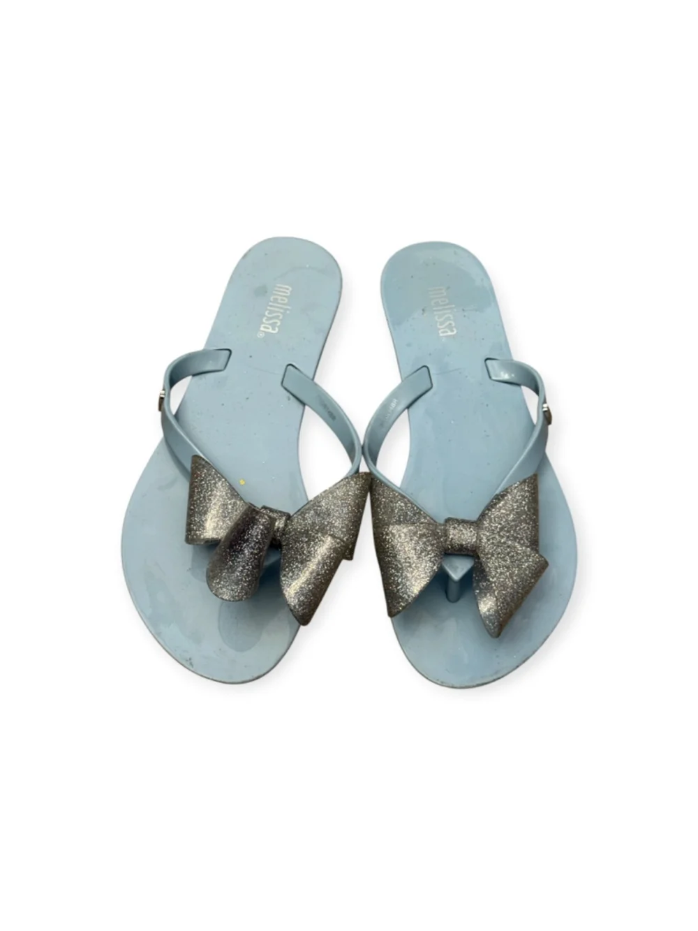 Melissa Girls Size 2 Blue Jelly Flip Flops Silver Glitter Bow Sandals